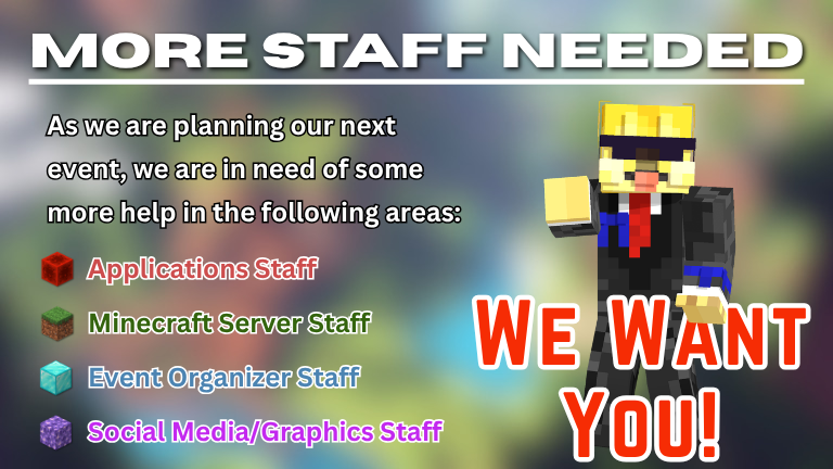 DiggityEvents's tweet photo. IN NEED OF NEW STAFF MEMBERS!!!
As we develop our next event, we are looking for the positions down below! If you, or anyone else, feel you are a fit for any of these positions, find the discord link to apply in the replies below! https://t.co/02VhPHrsXY