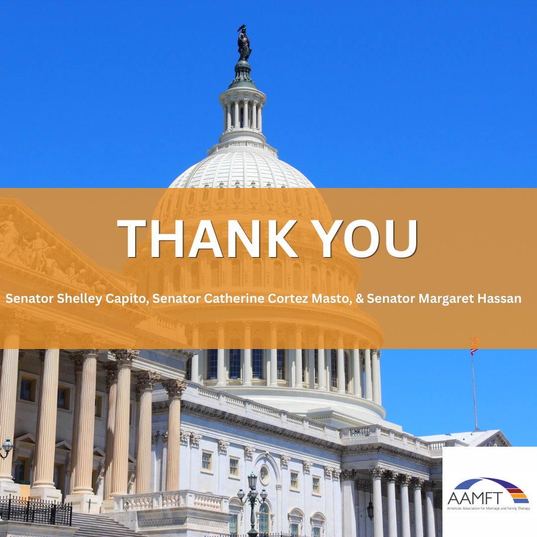 TheAAMFT's tweet image. Thank you to Senators @Shelley Capito, @Catherine Cortez Masto, and @Margaret Hassan for cosponsoring S.4202, which increases Medicare reimbursement rates for marriage and family therapists!
ow.ly/ehKj50YFPa9
#AAMFT #therapy #familytherapy #mentalhealth #Medicare