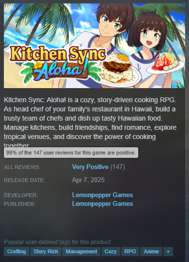 LemonpepperMatt's tweet photo. Kitchen Sync: Aloha! turns one year old on Steam this week.  How time flies!  Thank you for a great year and 99% positive reviews ^^ https://t.co/b3cr8IwrRm