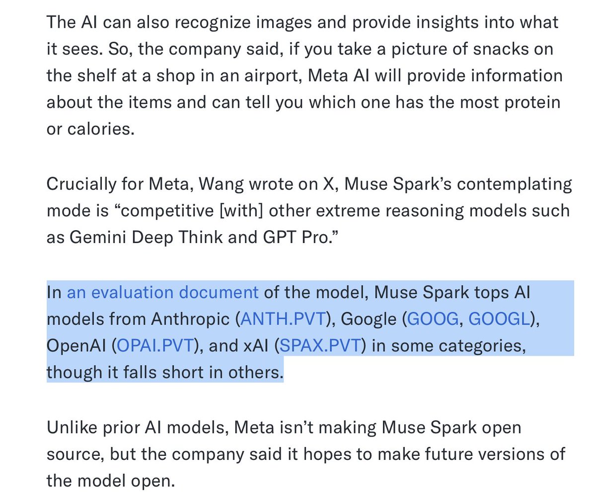 TopCornerInvest's tweet photo. "In an evaluation document of the model, Muse Spark tops AI models from Anthropic, Google, OpenAI, and xAI in some categories, though it falls short in others."

🤷‍♂️ $META https://t.co/LQNUUDI2x0