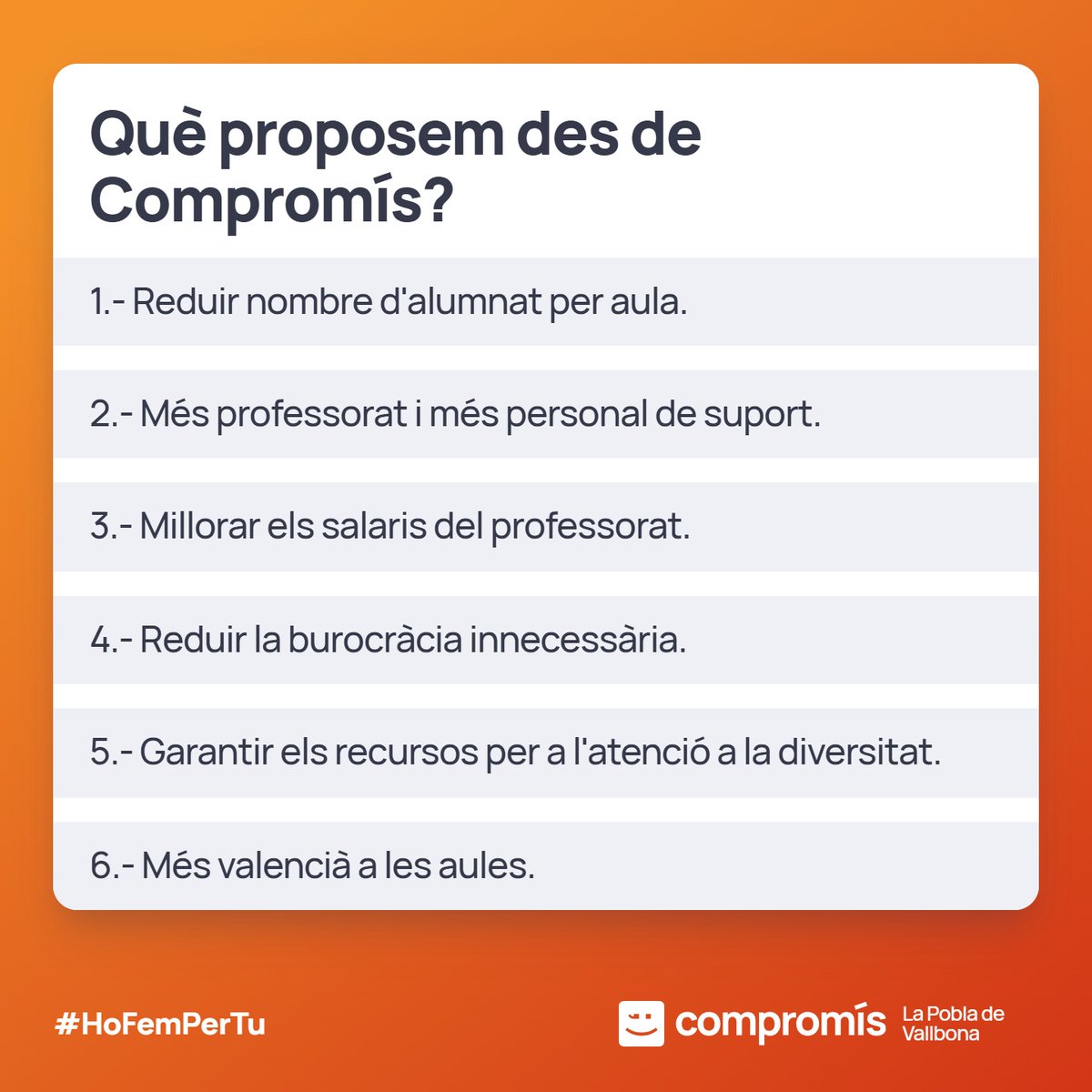 CompromisPobla's tweet photo. 🟠 MOCIÓ PROFESSORAT

Des de Compromís la Pobla hem presentat una moció per a donar suport a la comunitat educativa del País Valencià. Perquè millors condicions per al professorat significa millor educació per a la nostra xicalla, que és el futur del nostre poble.

#SomCompromís https://t.co/0ITyWyZ8qR