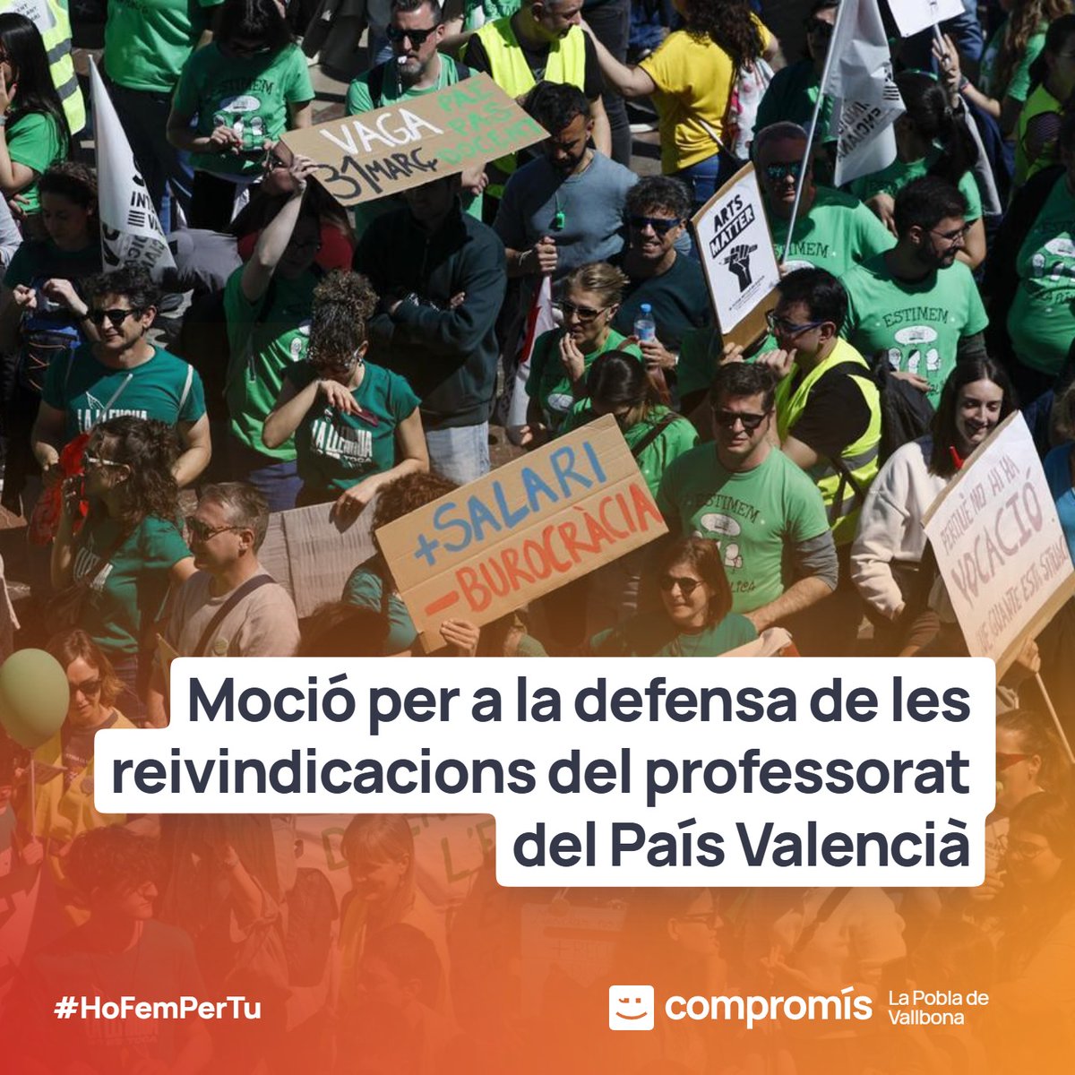 CompromisPobla's tweet photo. 🟠 MOCIÓ PROFESSORAT

Des de Compromís la Pobla hem presentat una moció per a donar suport a la comunitat educativa del País Valencià. Perquè millors condicions per al professorat significa millor educació per a la nostra xicalla, que és el futur del nostre poble.

#SomCompromís https://t.co/0ITyWyZ8qR