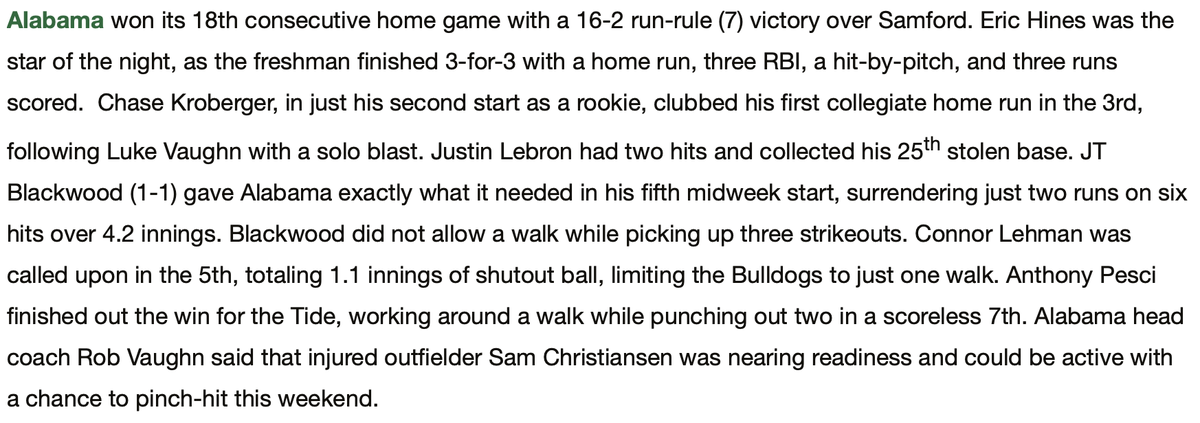 BurnerGSmith's tweet photo. Mark Ethridge's recap of the last nights win over Samford. #BamaBaseball2026 https://t.co/n2RsBpI6E9