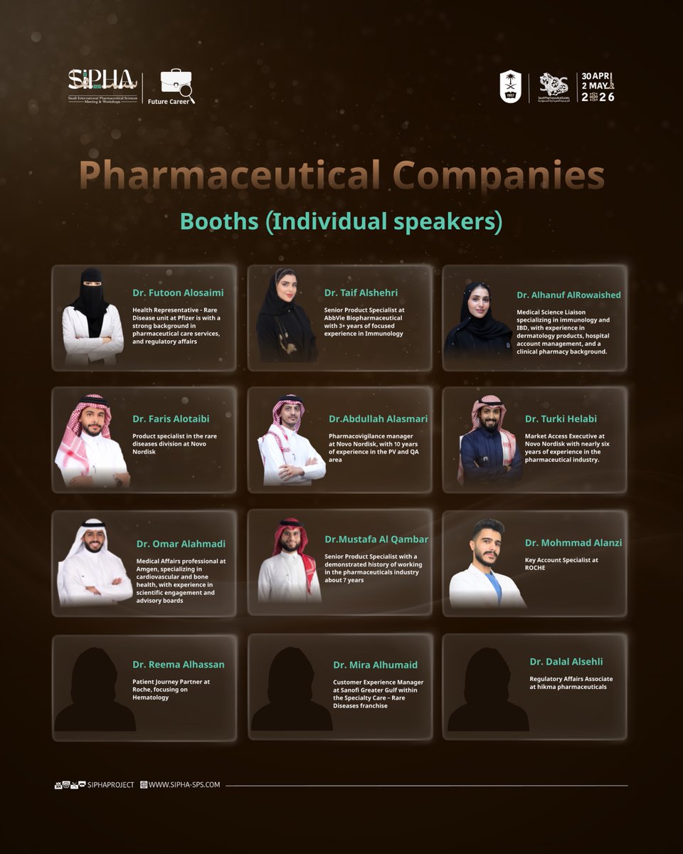 SIPHAproject's tweet image. Learn from the Pharma Pioneers✨!

Meet our distinguished speakers from top pharmaceutical companies. Discover the journeys and insights of industry leaders who have built remarkable careers and achieved outstanding success in the field.

More reveals from Future Career are