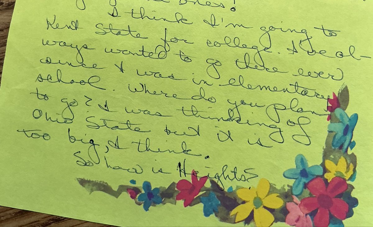 MendoCoast's tweet image. Letters from Allison found their way to the Allison Center this week. LOOK at the flowered stationery from the young woman who said, “Flowers are better than bullets” the day before her killing by Ohio National Guard gunfire on May 4, 1970 at #KentState. @KentStateTruth ☮️🌺