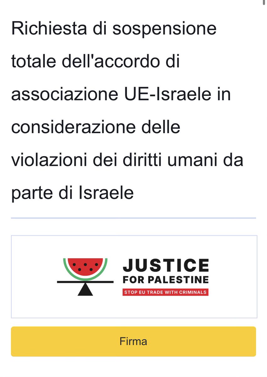 ClaFrancavilla's tweet photo. @Antonio_Tajani Per chi ha sete di giustizia: c’è una petizione ufficiale per la sospensione totale dell’Accordo 🇪🇺-🇮🇱

Servono 1 milione di firme in 1 anno; ne ha già raggiunte oltre 700,000 in meno di 3 mesi.

Si firma qui: https://t.co/rBnkwwg7xl https://t.co/vEKDQw3R4r
