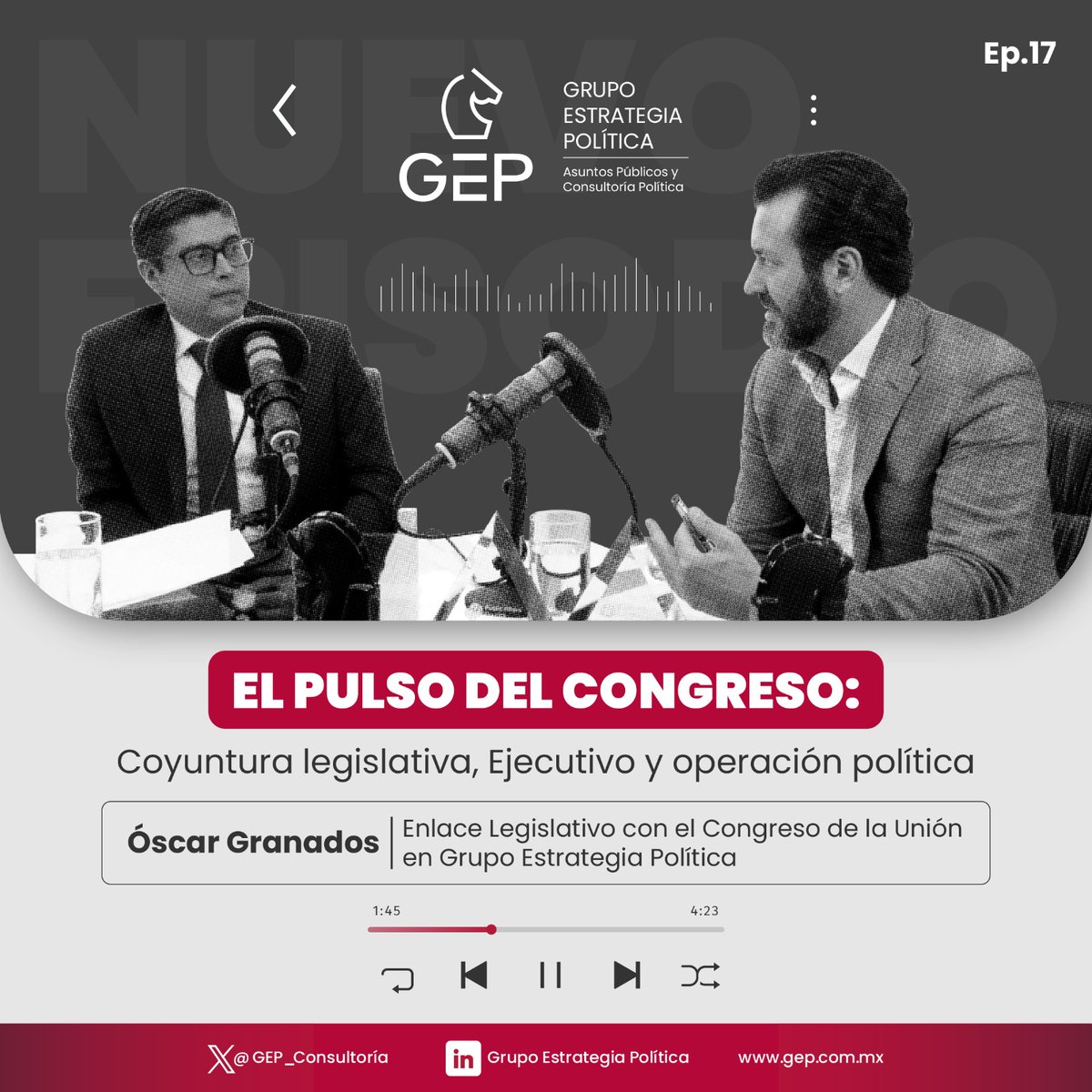 GEP_Consultoria's tweet photo. 🎙️ #VisiónPolítica |  ¡Nuevo episodio disponible!

¿Qué está pasando realmente en el Congreso y cómo se está moviendo la agenda legislativa?

@gustavoalmarazp, Presidente Ejecutivo de Grupo Estrategia Política, conversa con Óscar Granados, Enlace Legislativo con el Congreso de la Unión, sobre los temas prioritarios del actual periodo ordinario, la relación entre los grupos parlamentarios y el Ejecutivo, y la manera en que se construyen acuerdos y se procesan tensiones en el ámbito legislativo.

🎧 Disponible en Spotify: https://t.co/PEeSzgdSoh 
▶️ Disponible en YouTube: https://t.co/ouK56JNte8

#Podcast #Congreso #AgendaLegislativa #Coyuntura #México