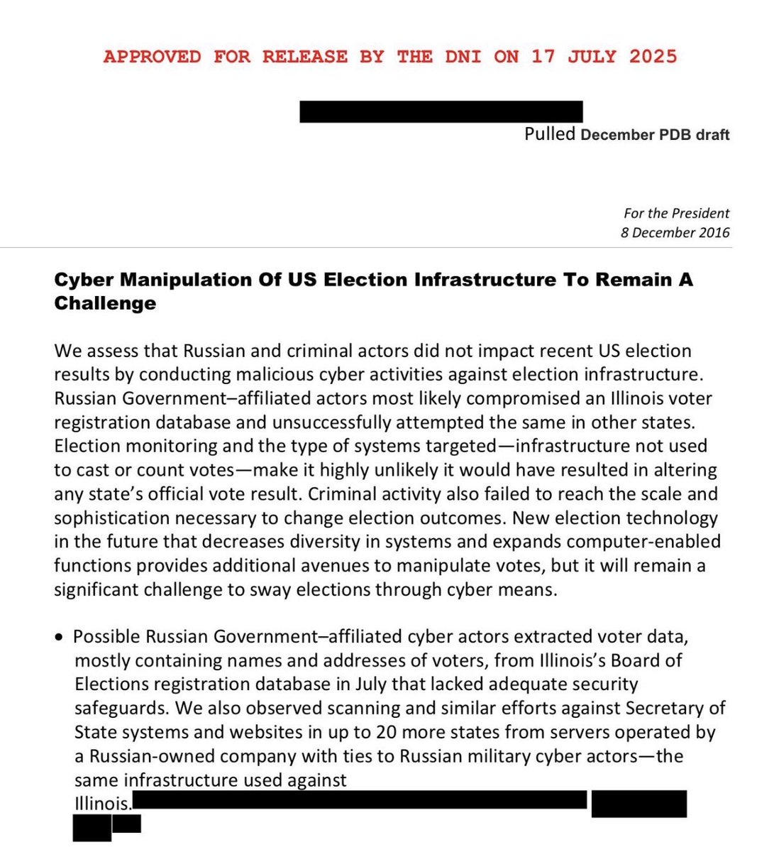 Real_RobN's tweet photo. Here is the original ICA report @DNIGabbard declassified—

that shows Obama’s intel agencies stated on Dec. 8, 2016, that Russia did NOT have an impact on the 2016 election.

Think about this for a minute. it’s after the election. The goal was to overthrow the United States government. Straight-up sedition.