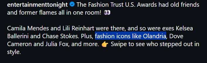 juanitamay1998's tweet image. Entertainment Tonight posted the Fashion Trust U.S. Awards &amp;amp; named Olandria among the fashion standouts alongside Dove Cameron!