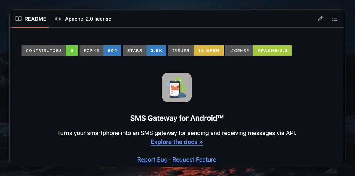GithubProjects's tweet image. SMS Gateway turns your Android smartphone into an SMS gateway.

It's a lightweight application that allows you to send SMS messages programmatically via an API or CLI tool and receive webhooks on incoming SMS.

This makes it ideal for integrating SMS functionality into your own