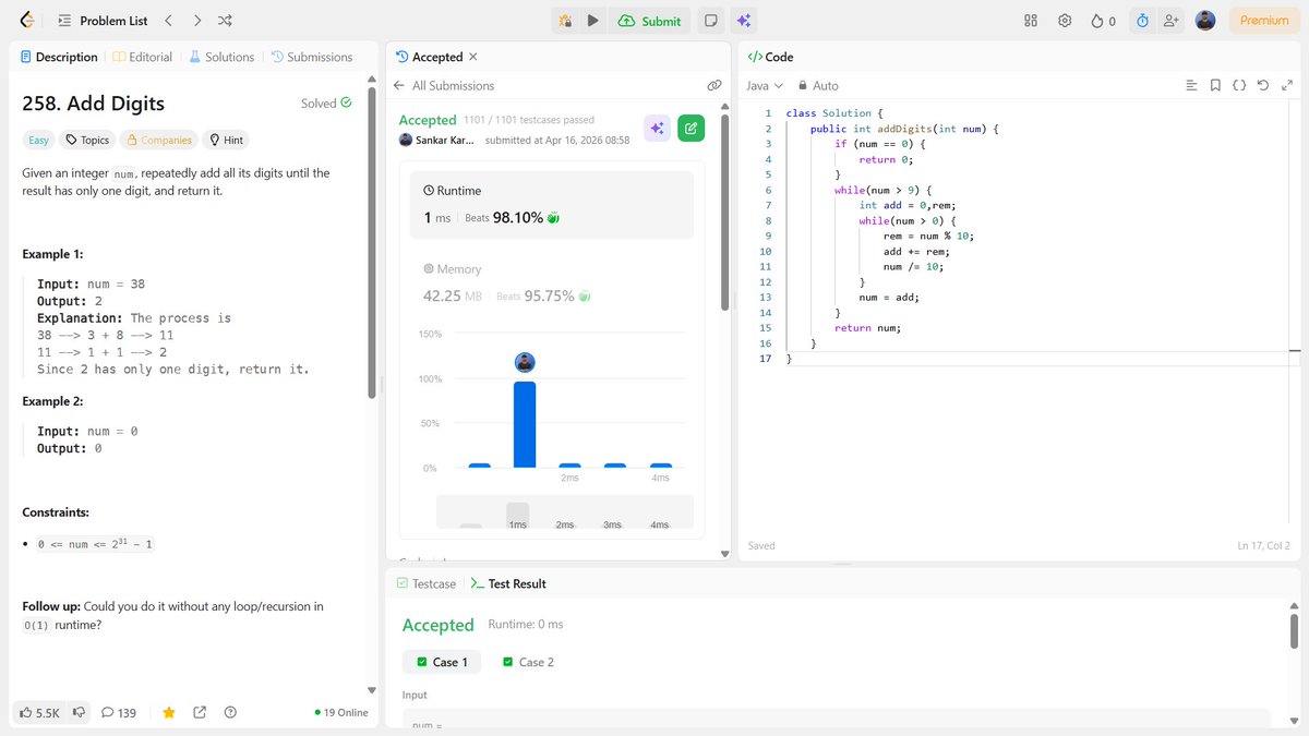 _sankar_01's tweet image. Data Structure And Algorithms 🚀💻
Question:- LeetCode 258 - Add Digits
Link:- leetcode.com/problems/add-d…
Stay curious and keep coding! 💻✨
#datastructures #algorithms #dsachallenge #coders #dsa #questions #dsaquestions #leetcode #geeksforgeeks #hackerrank #code360 #coding