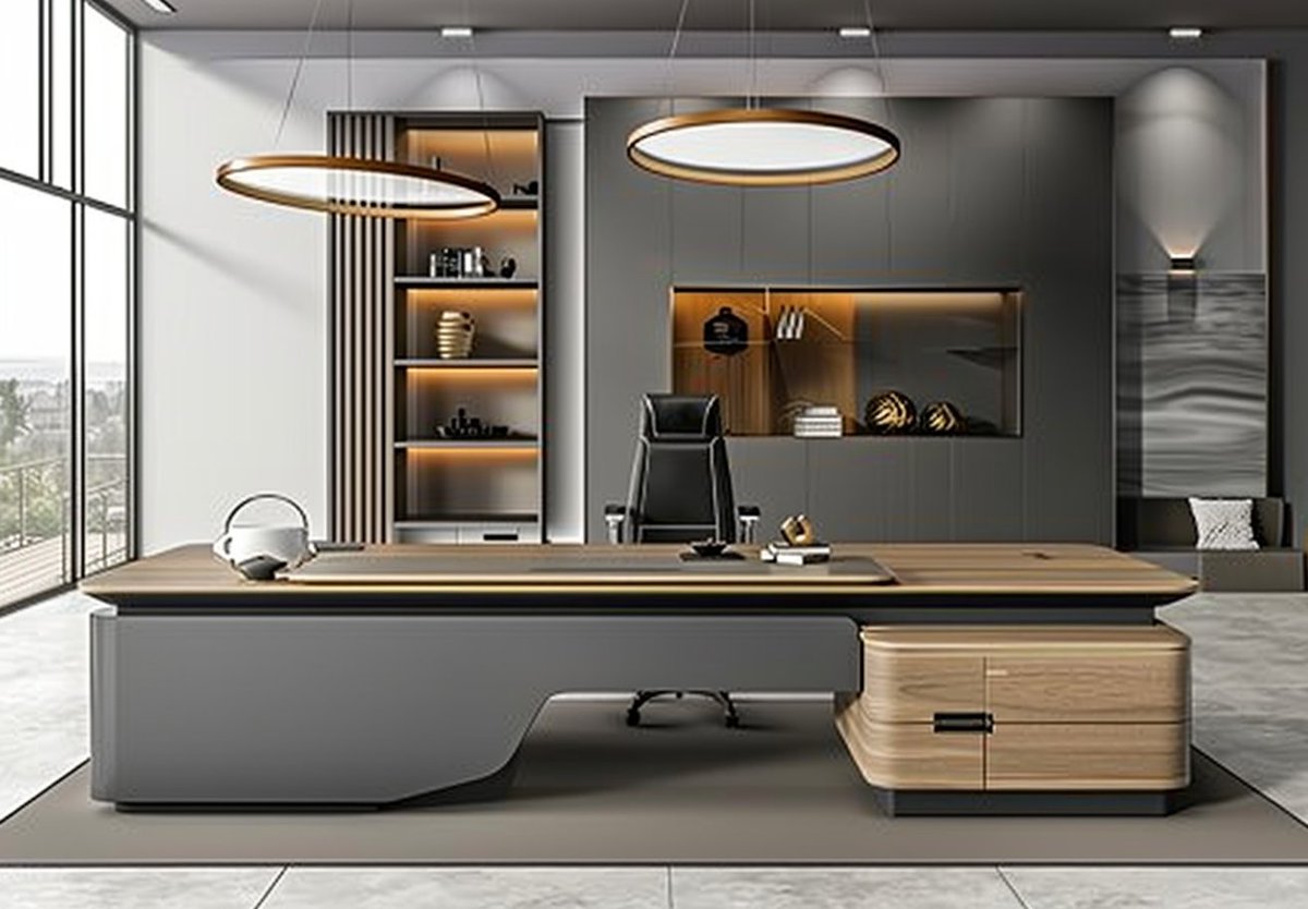 Shu0197's tweet image. A sculptural art piece for your office. Striking white form with gold trim that redefines the traditional desk. A visionary design for elite professionals. 
#Architecture #LuxuryDesign