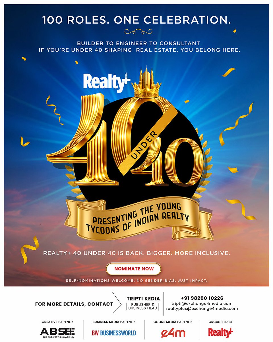 RPRealtyPlus's tweet image. 100 leaders. One spotlight.
Are you shaping real estate or staying in the shadows?

Make your mark at 40 Under 40 and get the recognition you deserve.

Nominate now: bit.ly/3NPYti7

#40Under40 #RealEstateIndia