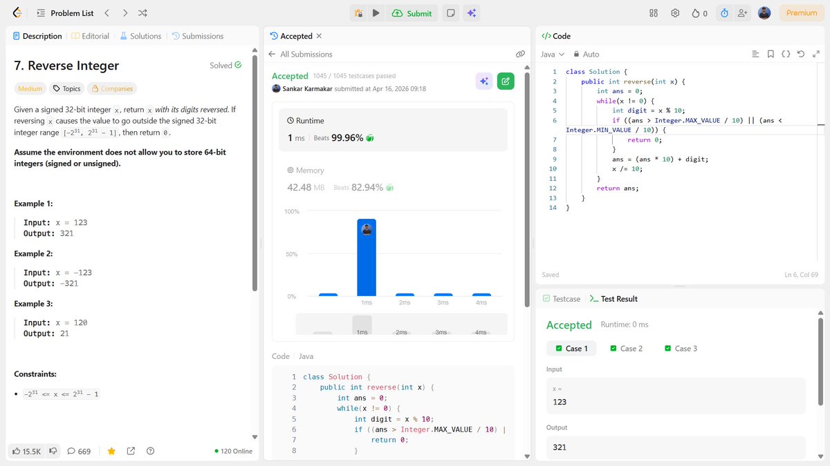 _sankar_01's tweet image. Data Structure And Algorithms 🚀💻
Question:- LeetCode 7 - Reverse Integer
Link:- leetcode.com/problems/rever…
Stay curious and keep coding! 💻✨
#datastructures #algorithms #dsachallenge #coders #dsa #questions #dsaquestions #leetcode #geeksforgeeks #hackerrank #code360 #coding