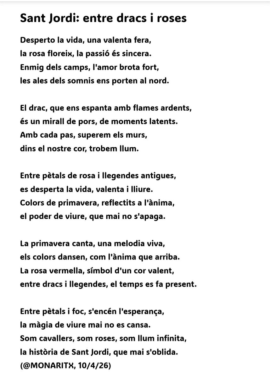 Bon dia a qui es lleva i va a dormir. És responsabilitat de tots preservar la llengua, la cultura i les tradicions que ens defineixen com a poble. En motiu de #SantJordi2026, i per la seva defensa, comparteixo amb vosaltres aquest escrit… 😅
Bon dia, Catalunya
Bon dia, catalans