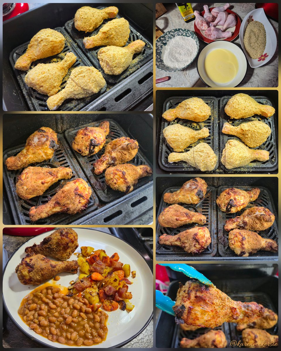 karenmckersie's tweet image. 😋🍗  #Dinner : AirFryer Crispy, juicy Chicken legs coated in Parmasian Italian bread crumbs, with baked beans &amp;amp; Fried potatoes, onions, carrots, Delicious! 😋
#Chicken #Food #Airfryer
