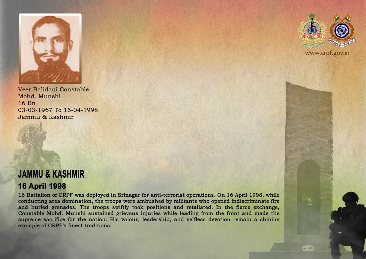 crpfindia's tweet image. DG and all Ranks of #CRPF pay solemn tribute to Ct/GD Mohd. Munshi of 16 Bn, who made the supreme sacrifice while countering an ambush by militants during area domination in Srinagar on 16 April 1998. #CRPF salutes the braveheart and pledges never to let his sacrifice go in vain.