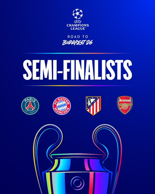 harikraju's tweet image. #ChampionLeague #UEFA #UCL 
Semi Finals 
PSG vs Bayern      
Atletico Madrid vs Arsenal