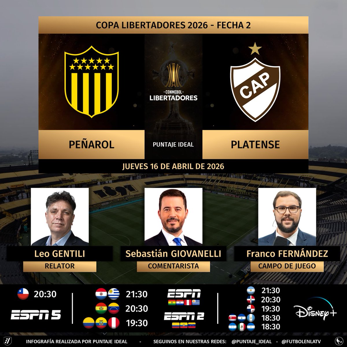 Puntaje_Ideal's tweet image. ⚽ #Libertadores | 🇺🇾 #Peñarol vs. #Platense 🇦🇷
🎙 Relator: @leogentiliok 
🎙 Comentarista: @SebasGiovanelli 
🎙 CdJ: @FernandezSurkov 
📺 #ESPN5 Chile 🇨🇱
📺 #ESPN 🇧🇴🇵🇾🇵🇪🇺🇾
📺 #ESPN2 🇨🇴🇪🇨🇻🇪
💻📱 @disneyplusla Latinoamérica
🤳 #LIBERTADORESxESPN - #GloriaEterna
Dale RT 🔃