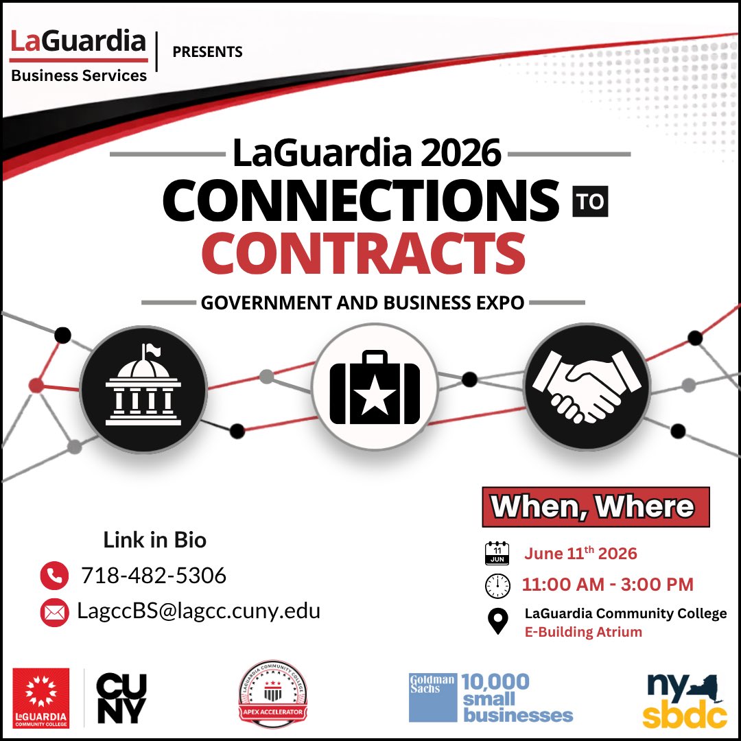 LaGuardiaAPEX's tweet photo. Join us for the Connections to Contracts Government and Business Expo

Learn about contracting opportunities, financing resources, certifications, and how to position your business for success.

 https://t.co/TtQpYlBUGr

#GovernmentExpo #BusinessExpo #MWBE #SmallBusiness https://t.co/opJ63IYdWI