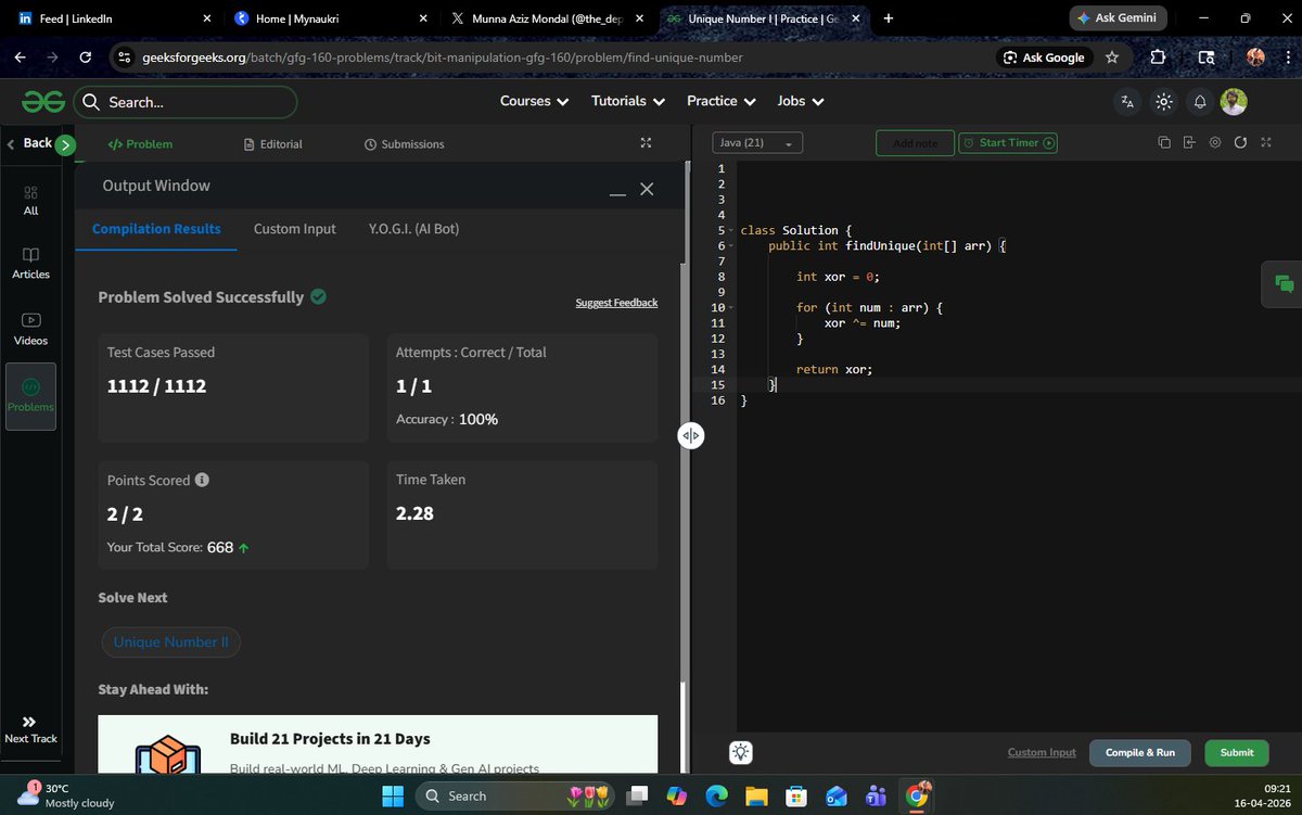 the_departed__'s tweet image. #Day159 of my 160 Days DSA Challeng
@geeksforgeeks

Problem: Find Unique Number

Consistency &amp;amp; skill growth Let’s build problem-solving muscles - one question at a time!

#100DaysOfCode #DSA #GeeksforGeeks #Java #Coding