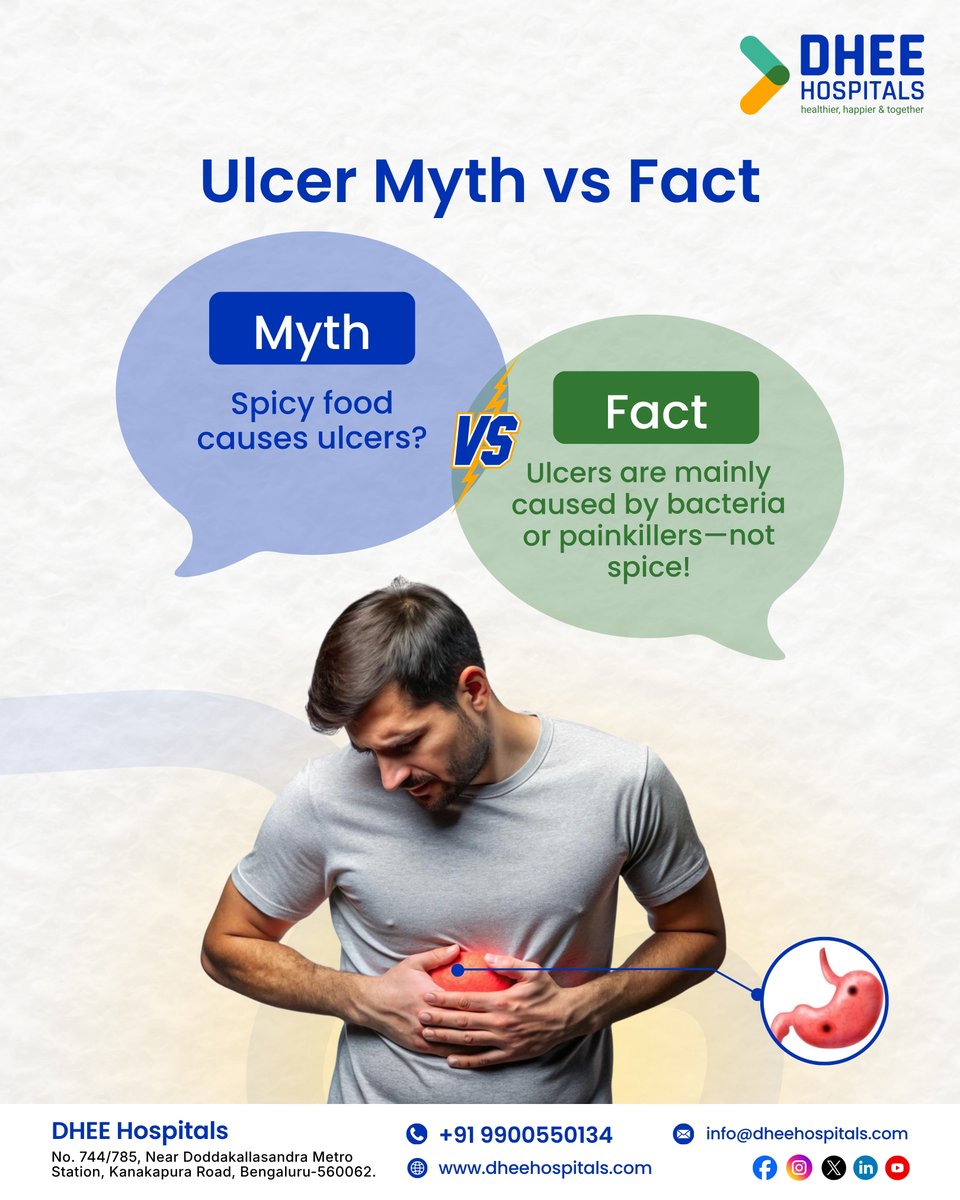dheehospitals's tweet image. Ulcer Myth vs Fact

Spicy food doesn’t cause ulcers ❌
Most ulcers are due to H. pylori infection or painkiller overuse ✅
Persistent stomach pain? Get checked early.

#DHEEHospitals #MythVsFact #UlcerAwareness #StayInformed