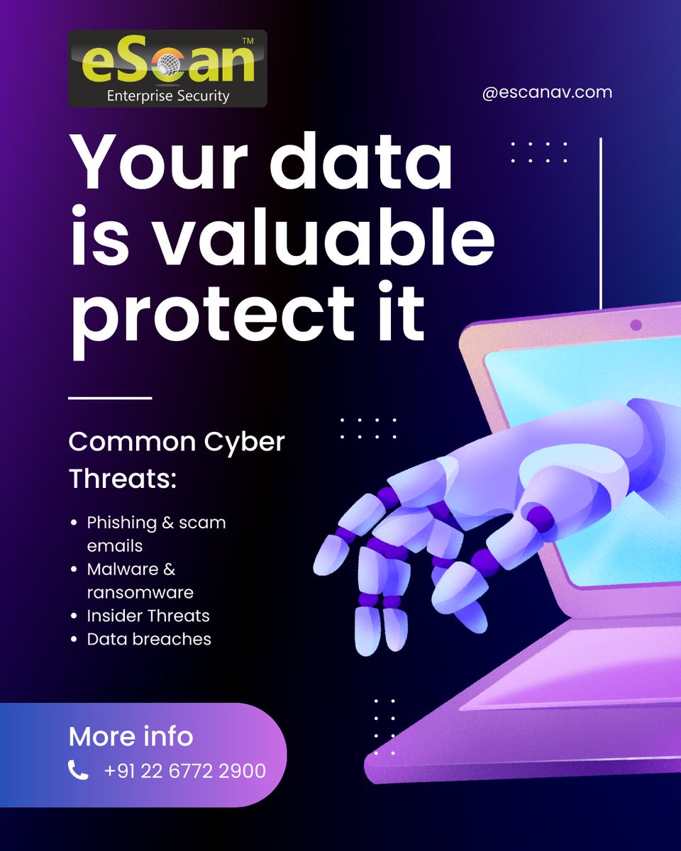 escan_tweet's tweet image. Your data is valuable—protect it.

Watch out for:
Phishing &amp;amp; scam emails
Malware &amp;amp; ransomware
Insider threats
Data breaches
Stay one step ahead with eScan’s real-time protection.
escanav.com/en
#internet #itservices #itsupport #network #InfoSec