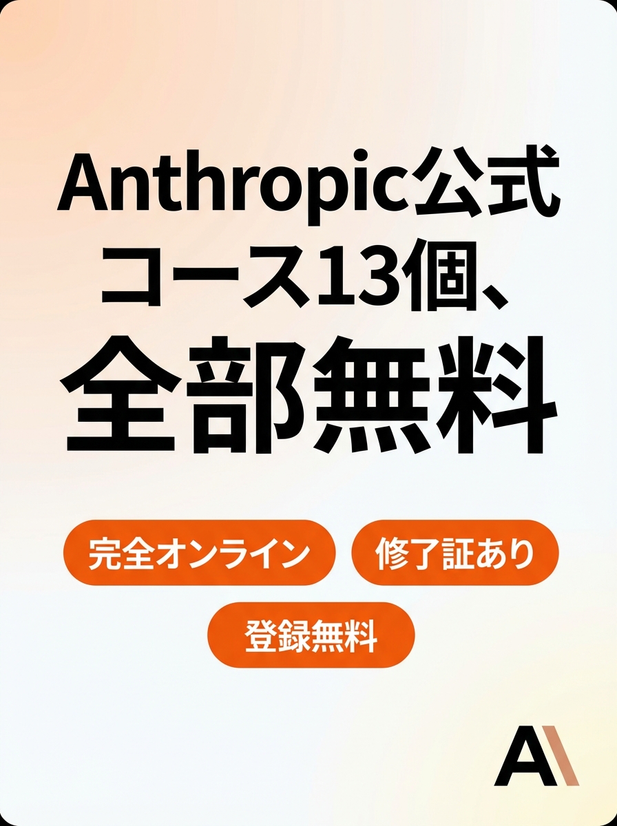 Anthropicが無料公開してる
有益AIコースが多すぎるので13個全部まとめます。ㅤ
ㅤ
情報商材とか買う前にまずはこれチェックするのはアリ：
ㅤ
・Claude 101 → Claudeの基本操作と活用法
anthropic.skilljar.com/claude-101
・AI Fluency基礎 → AIリテラシーの思考フレームワーク
anthropic.skilljar.com/ai-fluency-fra…