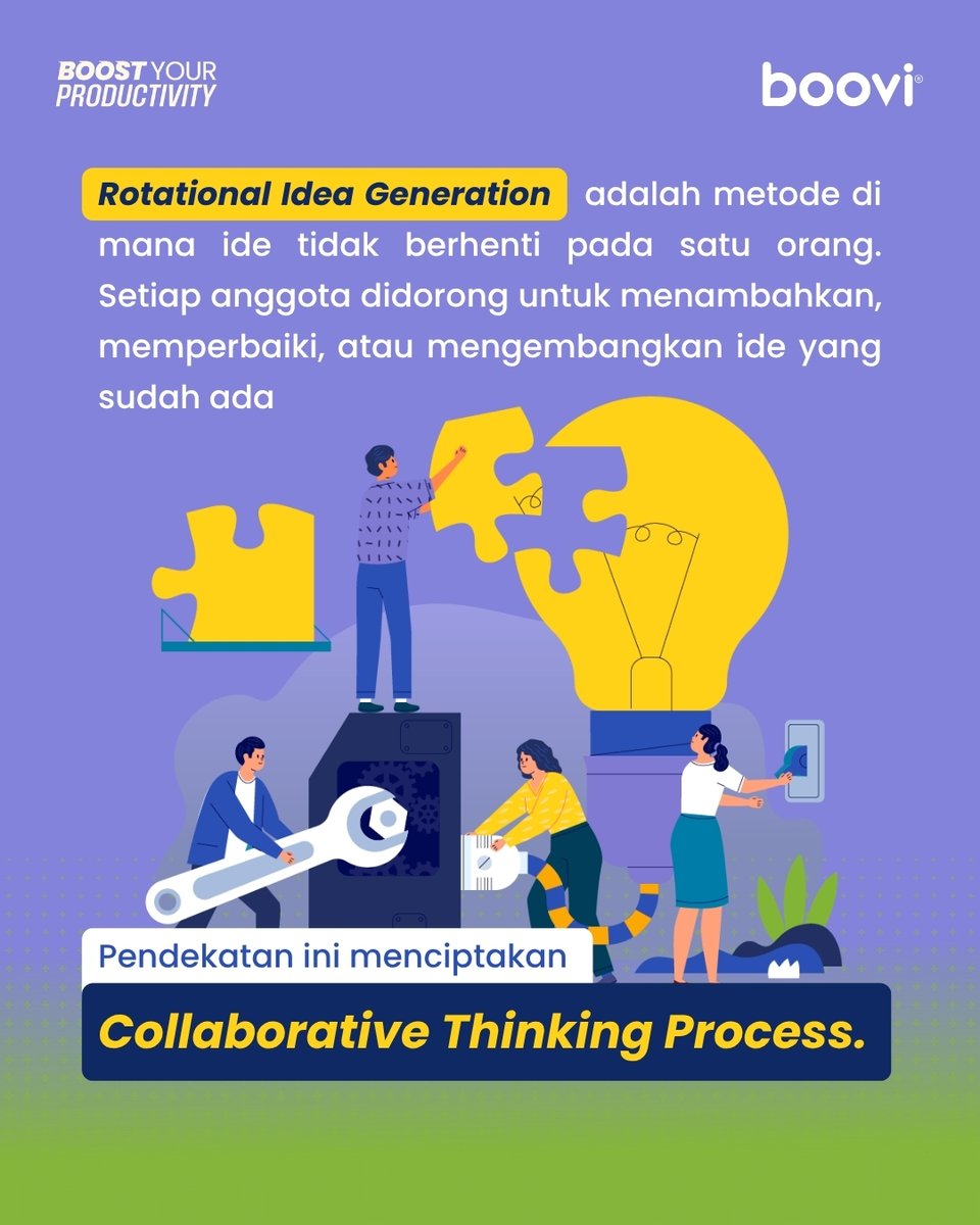 boovi_id's tweet image. Sering merasa diskusi tim cuma didominasi satu orang? Riset Paulus &amp;amp; Yang (2000) membuktikan bahwa ide yang dikembangkan bersama lewat metode Rotational Idea Generation jauh lebih melimpah!

#CreativeThinking #TeamCollaboration #Brainwriting #Ideation #BoostYourProductivity