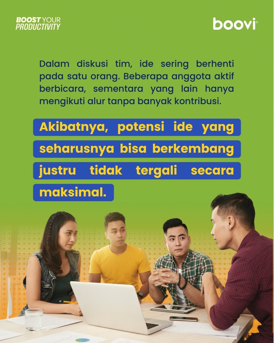boovi_id's tweet image. Sering merasa diskusi tim cuma didominasi satu orang? Riset Paulus &amp;amp; Yang (2000) membuktikan bahwa ide yang dikembangkan bersama lewat metode Rotational Idea Generation jauh lebih melimpah!

#CreativeThinking #TeamCollaboration #Brainwriting #Ideation #BoostYourProductivity