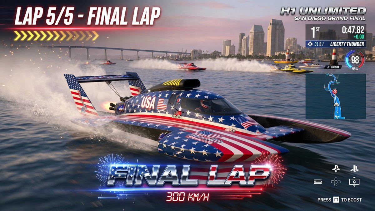 cluster0241201a's tweet image. #GrokAI #GROK
「H1 Unlimited」「hydro plane🚤」
時速320kmな船のレースがモチーフ

（5年以上つづく実在競技です。去年のサンディエゴのファイナルヒート等を検索して。）