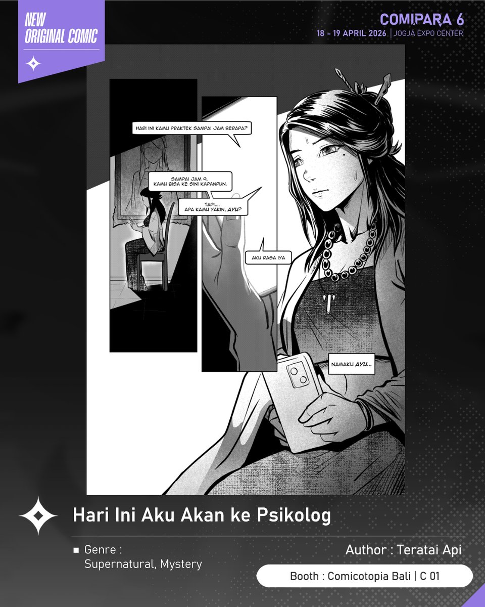 comipara_id's tweet photo. [COMIC RAID]
Author: Teratai Api
Booth: C 01  -  Comicotopia Bali

Ada juga komik baru karya Kak Teratai Api, berjudul "Hari Ini Aku Akan ke Psikolog" yang akan dijual di Comipara 6 besok lho!

Sampai ketemu di venue! ✨

Comipara 6
18-19 April 2026
Jogja Expo Center

#comicraid6 https://t.co/5YuQNyRynM