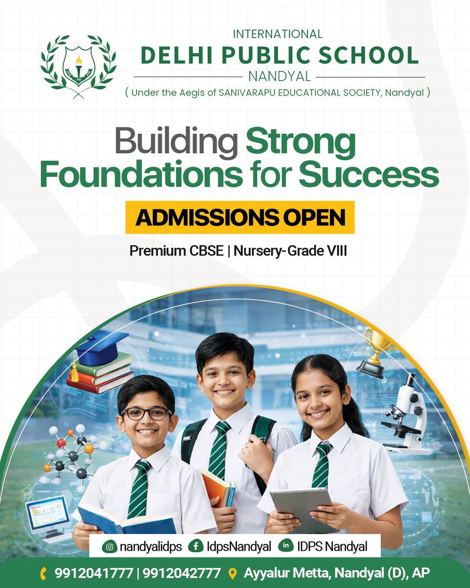 IdpsNandyal's tweet image. The future begins with the right foundation! ✨At IDPS Nandyal, we empower young minds with academic excellence &amp;amp; holistic growth.📢 Admissions Open: Nursery to Grade VIII
📍 NandyalEnroll today! 🚀#AdmissionsOpen #CBSESchool #FutureReady