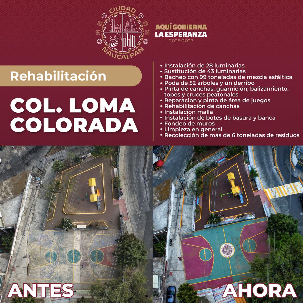 GobNau's tweet photo. En la colonia #LomaColorada, con la #HuellaDeLaTransformación número 70, se rehabilitaron las canchas deportivas y el parque de Avenida de Las Torres, devolviendo espacios dignos, seguros y funcionales para la convivencia familiar. 🛝🌳
#AquiGobiernaLaEsperanza #Naucalpan https://t.co/sUBSwhVakJ
