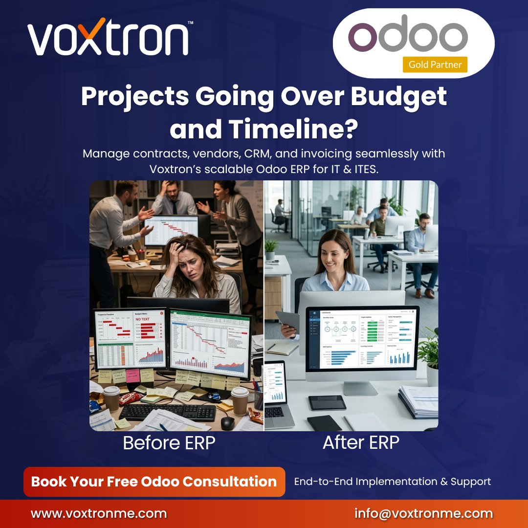Voxtronsolution's tweet photo. Over budget. Behind schedule.

Fix it with customized Odoo ERP by Voxtron Middle East for IT &amp; ITES — manage contracts, vendors, CRM &amp; invoicing in one place.

Free consult: https://t.co/u2VeLN57fN

#Odoo #ERP #ProjectManagement #IT #ITES https://t.co/a2MUFSY3na