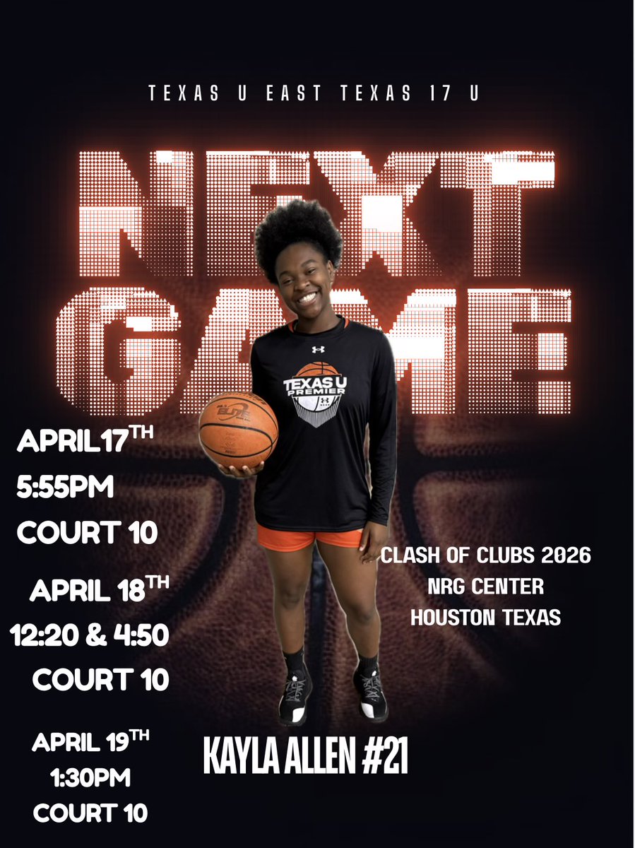 KaylaAllenx21's tweet photo. Come out to Houston Tx at the NRG center for the Clash of Clubs tournament to watch the Texas U East Texas Spurs in action⛹🏾‍♀️!!! https://t.co/PvOjSTpYhe