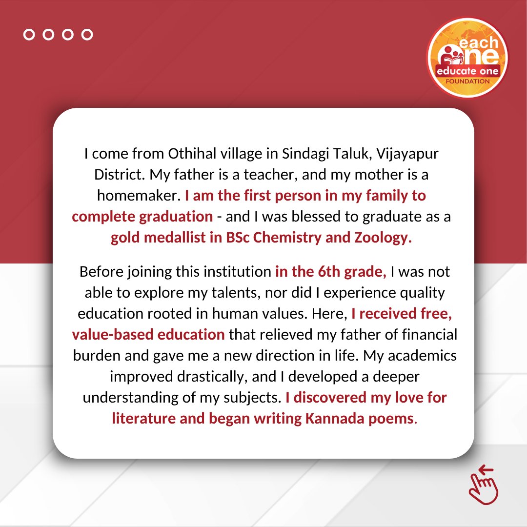 Each1EducateOne's tweet image. Your support makes this journey possible for many more students waiting for a chance.

Support rural students with free-of-charge, holistic education.

To support a child’s and youth’s education, click         eachoneeducateone.org/contribute  

#DonateNow #EducateARuralChild #NGOIndia