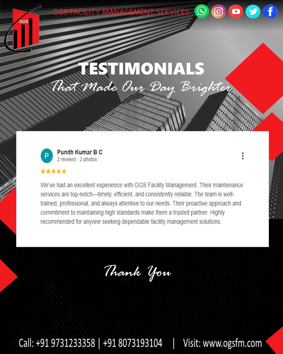 OGSFM1's tweet photo. Testimonials that made our day brighter - Thank you for sharing your OGS experience. Full list of Facility Services at OGS: https://t.co/tv5s4V5Oof #facilityservice #facilitymanagement #thankyou #GratefulHeart #facilitymanagementservices #bengaluru #mysuru https://t.co/W4uwVo0GJ2