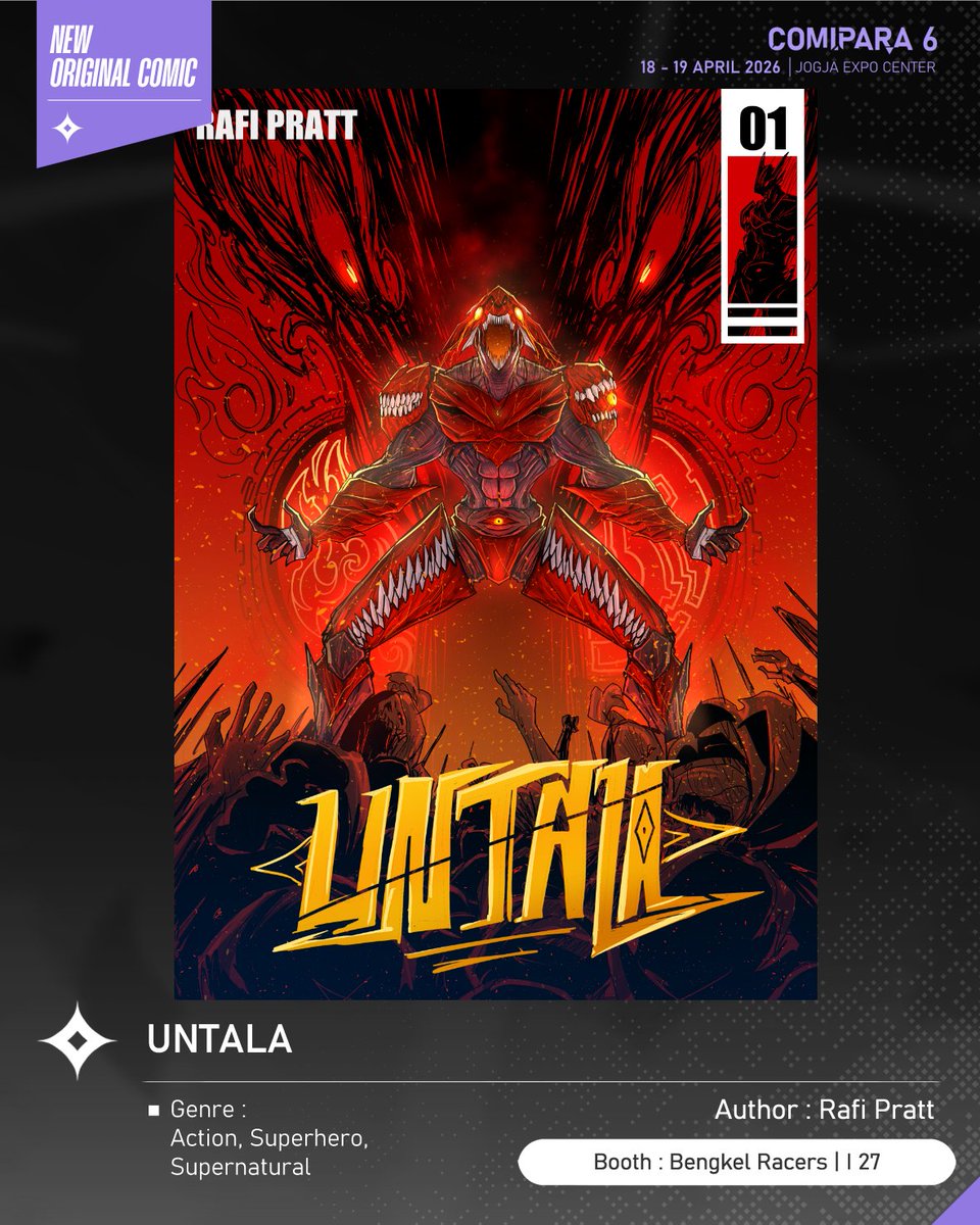 comipara_id's tweet photo. [COMIC RAID]
Author: Rafi Pratt
Booth: I - 27  -  Bengkel Racers

Kali ini ada komik baru karya Kak Rafi Pratt, berjudul "UNTALA" yang akan dijual di Comipara 6 besok lho!

Sampai ketemu di venue! ✨

Comipara 6
18-19 April 2026
Jogja Expo Center

#comicraid6 https://t.co/UvJjq4eYy7