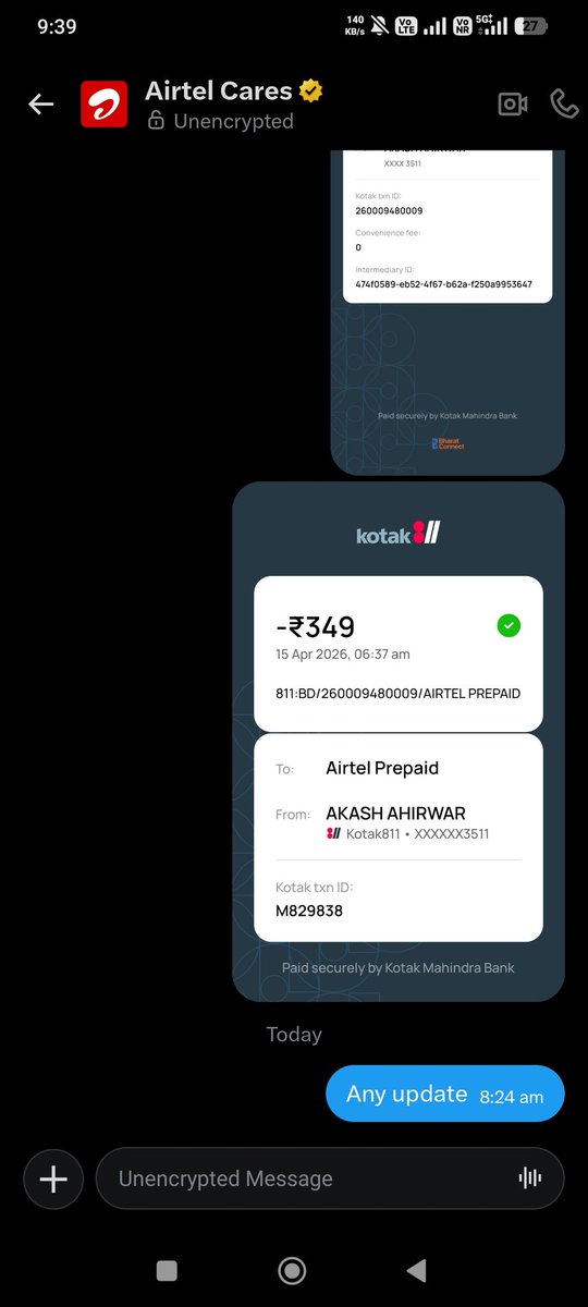 Akashah2306's tweet photo. Why are you not responding @Airtel_Presence i recharged with @KotakBankLtd and payment completed but recharge is not reflected yet and you are not responding to my messages https://t.co/RymxkrmAy3