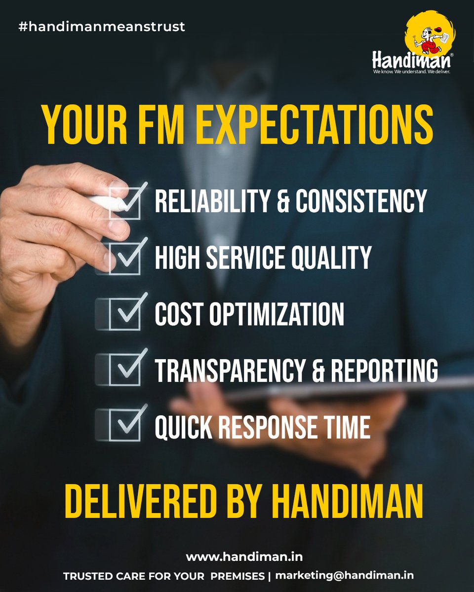 handiman_in's tweet image. At Handiman, we listen, understand, and deliver exactly what our clients need, every single day. 
DM us for more information.

#FacilityManagement #ClientFirst #WorkplaceExcellence #OperationalEfficiency #Handiman #ServiceExcellence