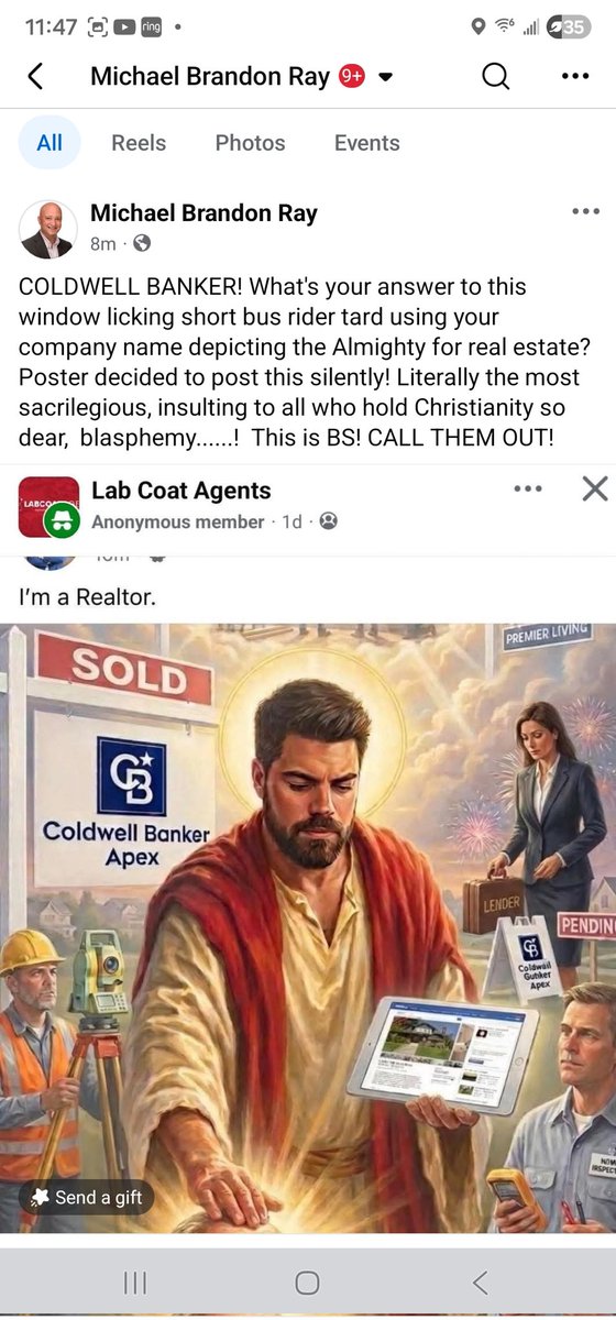 TheRightRayHome's tweet photo. COLDWELL BANKER! What's your answer to this window licking short bus rider tard using your company name depicting the Almighty for real estate?Poster decided to post this silently! Literally the most sacrilegious, insulting to all who hold Christianity so dear,  blasphemy......! https://t.co/W5rAR93k0w