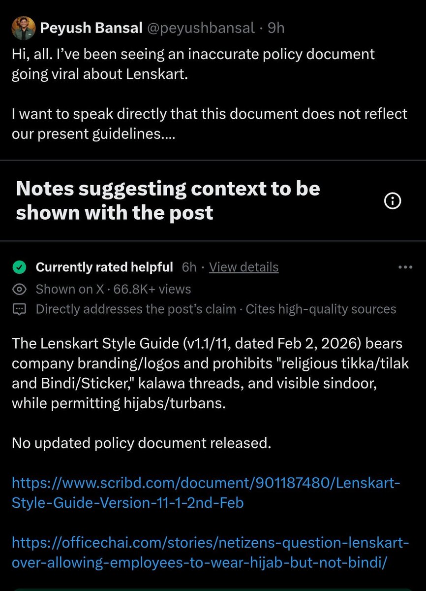 league_of_india's tweet image. Dear Peyush Bansal: Perhaps you would want to try out a pair of #Lenskart glasses that were built using "present guidelines" and read the community note below your obfuscating post:

#Hinduphobia #AntiHindu