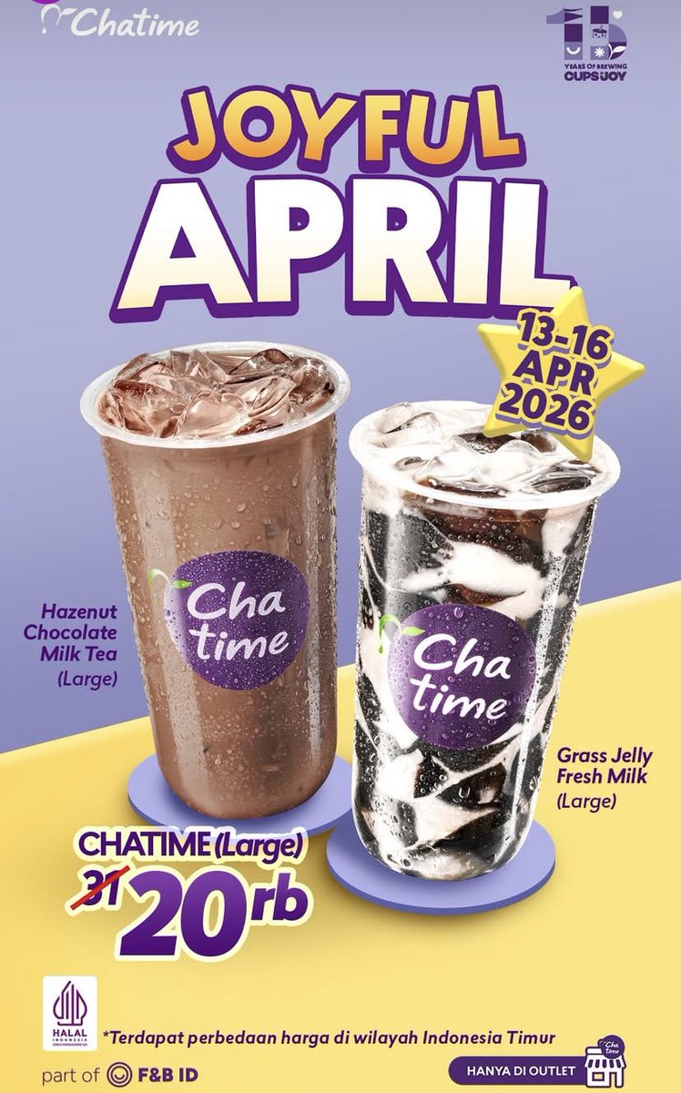 doyanmakanenak_'s tweet image. 📅 13–16 April 2026
📍 Khusus pembelian di outlet

🚨 LAST DAY ALERT! Hari ini terakhir, 16 April 2026, jangan sampai kelewatan ya! 🧋
#Chatime #Chatimeindonesia #ChatimeIndo #Promomakan #Promoenak #Jajanterus #makanhemat #minumhemat