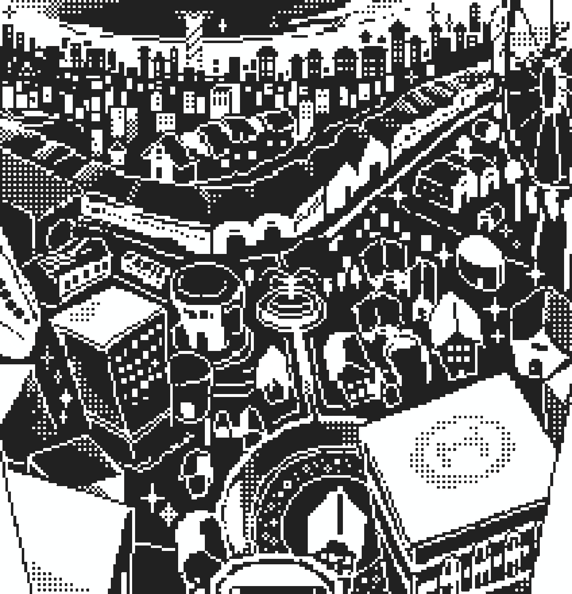 Wanderers_Games's tweet photo. ＃ゲーム開発　＃インディーゲーム　
スマホで遊べる📱
白黒ドットで描かれる不思議な観光地
「ブロキマナク」の世界で過ごそう🎡

うさぎさんコインを集めて、
ストーリーを進めていく放置系ゲーム🐇

『ブリリアント・ブロキマナク』配信中✨
基本プレイ無料！
DLはツリーから！ https://t.co/iWF55Gv9kE