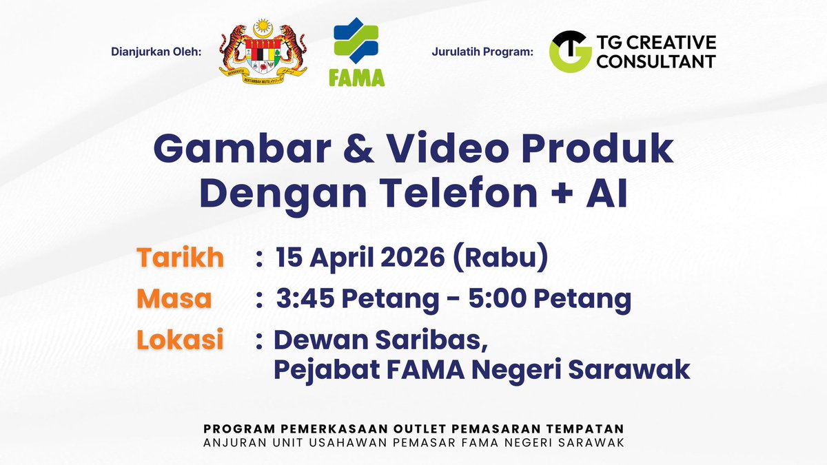tg_creative_kch's tweet image. 𝟏𝟓 𝐀𝐩𝐫𝐢𝐥 𝟐𝟎𝟐𝟔 | 𝐒𝐚𝐫𝐢𝐛𝐚𝐬 𝐇𝐚𝐥𝐥, 𝐅𝐀𝐌𝐀 𝐒𝐚𝐫𝐚𝐰𝐚𝐤 𝐒𝐭𝐚𝐭𝐞 𝐎𝐟𝐟𝐢𝐜𝐞, 𝐊𝐮𝐜𝐡𝐢𝐧𝐠, 𝐒𝐚𝐫𝐚𝐰𝐚𝐤 (Part 1)

AI Training Programme for Federal Agricultural Marketing Authority (FAMA), Sarawak.

#AI #Training #TGCreativeConsultant #FAMA #Sarawak