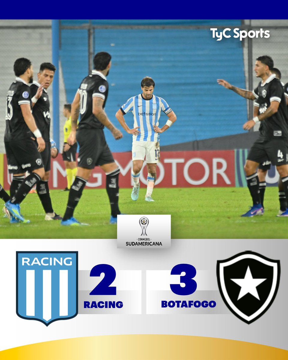 TyCSports's tweet image. ⚫⚪ ¡EL FOGAO SE HIZO FUERTE EN AVELLANEDA Y DERROTÓ A LA ACADEMIA! ✔️ 

Por la fecha dos de la Copa Sudamericana, #Botafogo derrotó 3-2 a #Racing en un gran partido. Arthur, Santos y Danilo de forma agónica, le dieron el triunfo a los de Rio de Janeiro. En tanto, Santi Sosa y