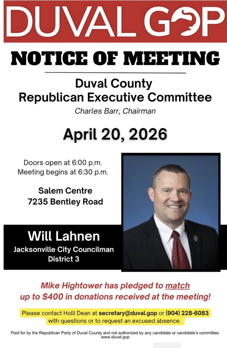 DuvalGOP's tweet photo. REC Meeting Notice: Monday April 20, 2026

Guest Speaker: Jax City Councilman Will Lahnen

All registered Republicans are welcome at the meeting. https://t.co/xCZBSUfjsG
