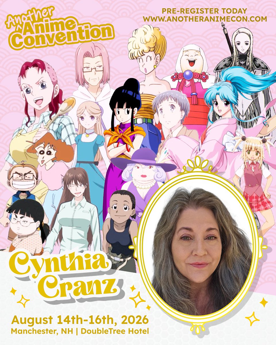anotheranimecon's tweet photo. Welcome Cynthia Cranz to #AAC2026!

Cynthia is known for voicing characters from series such as Chi Chi and Mrs. Briefs in Dragon Ball Z, Boton in Yu Yu Hokusho, Bellemere in One Piece, Mitsuru in Fruits Basket and more.

Learn more about Cynthia Cranz at https://t.co/Fq3zS6fPgQ https://t.co/J3NLo67P3U