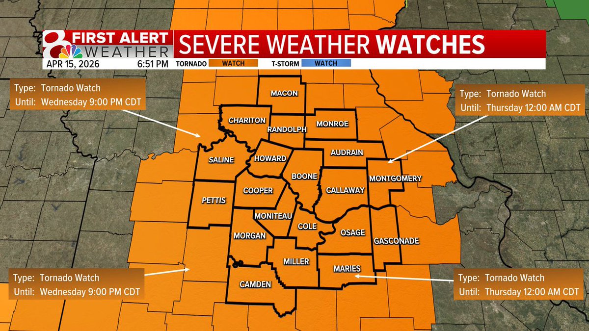 KOMUMatt's tweet image. WEDNESDAY 6:50PM UPDATE: The tornado watch has been expanded to include all of Mid-Missouri until midnight. The main threat remains hail and damaging winds,but a tornado or two can’t be ruled out. @kesley_wx &amp;amp; @ethanbeanwx will keep you updated on KOMU 8. #MidMoWx #MoWx